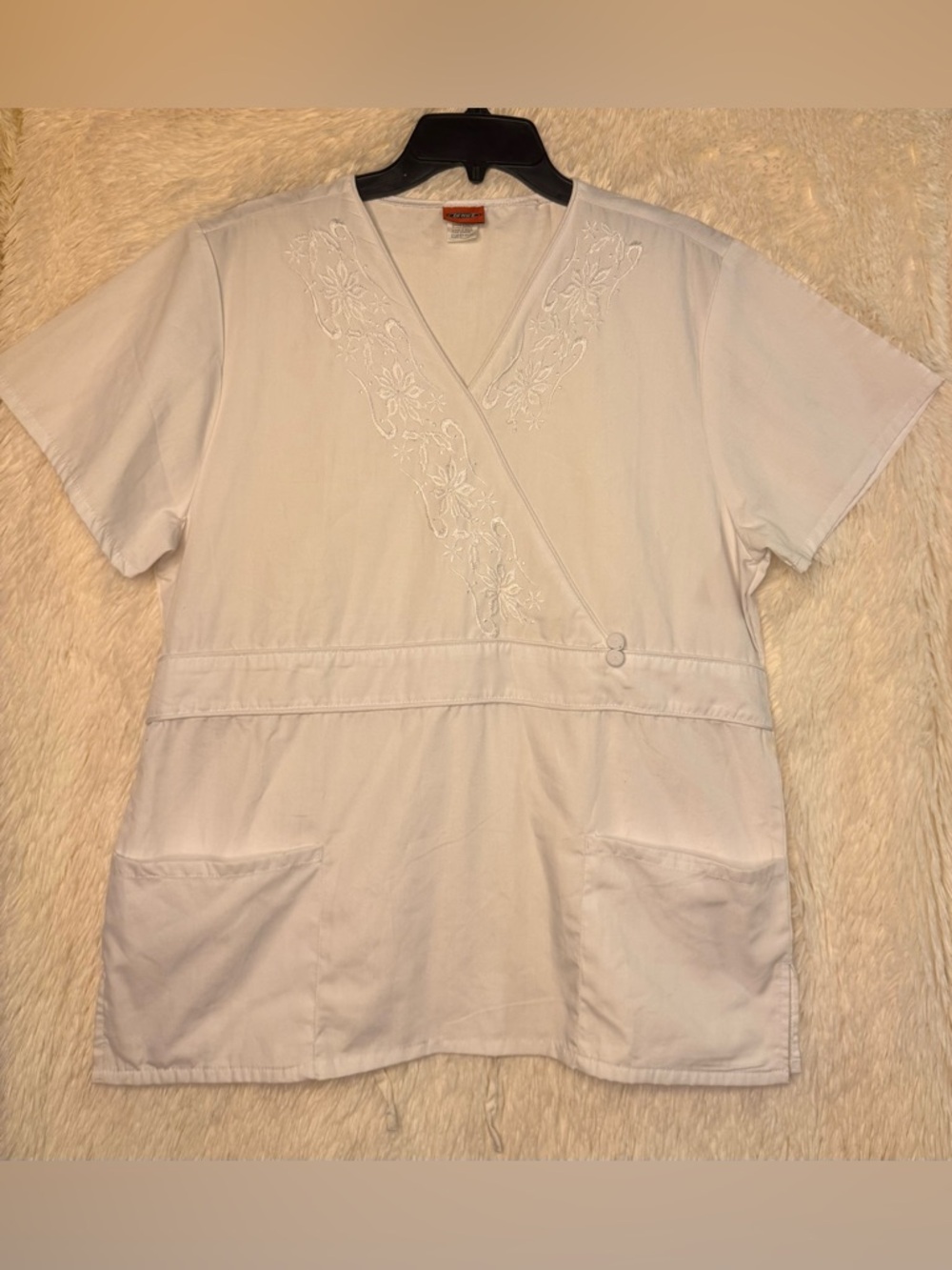 Denice Scrub Top L White Embroidered Mock Wrap Tie Back | 4 for $25 Scrub Sale